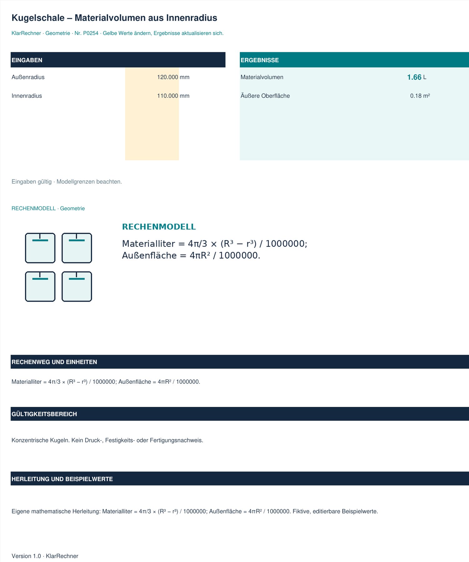 Arbeitsblatt-Vorschau: Kugelschale – Materialvolumen aus Innenradius mit den in der Datei hinterlegten Werten.