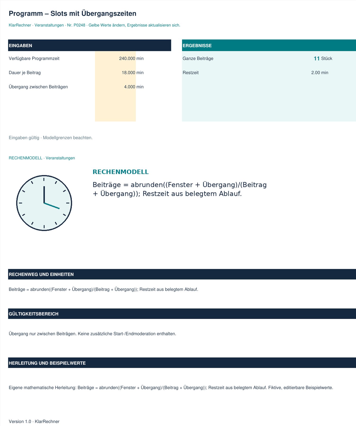 Arbeitsblatt-Vorschau: Programm – Slots mit Übergangszeiten mit den in der Datei hinterlegten Werten.