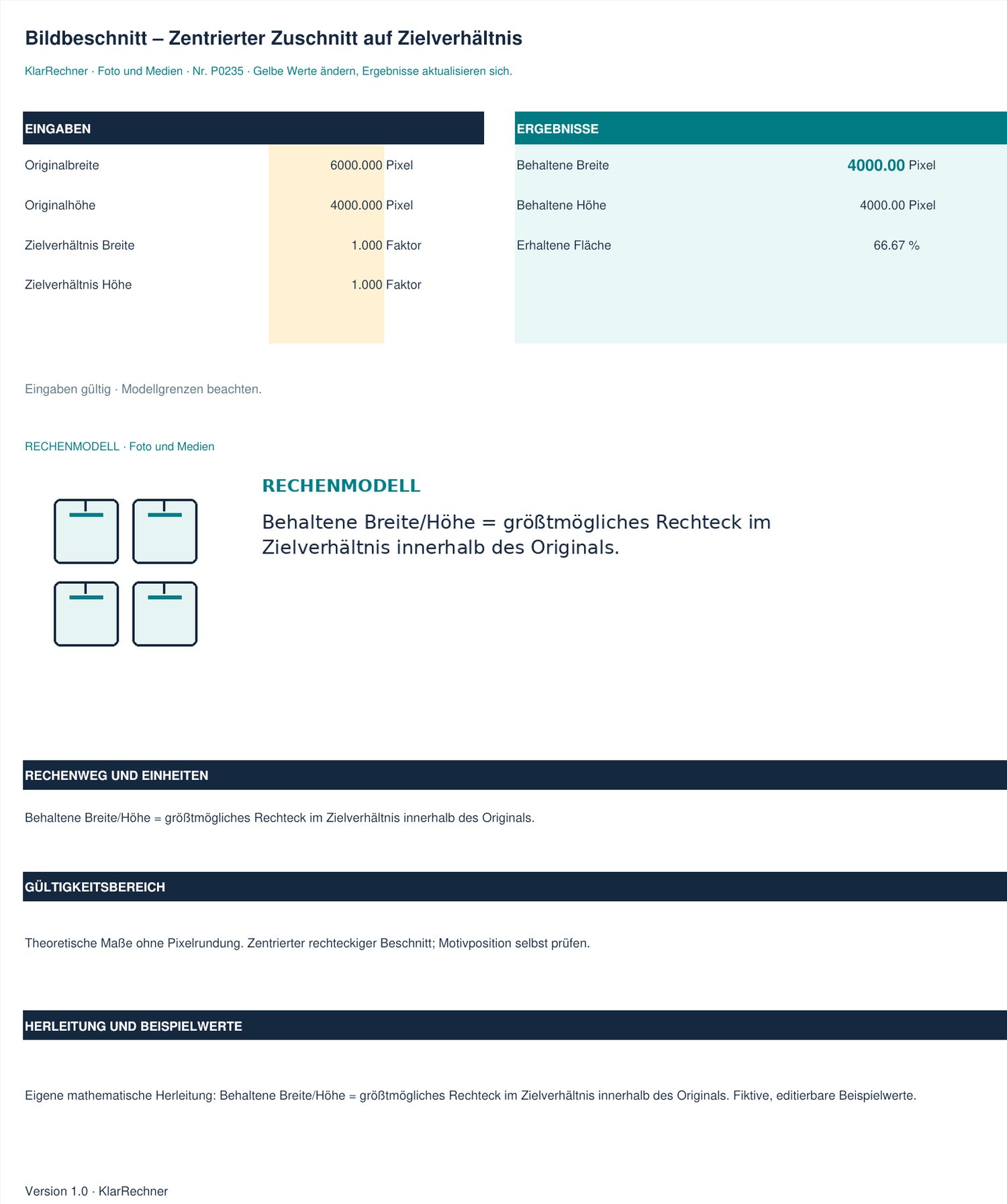 Arbeitsblatt-Vorschau: Bildbeschnitt – Zentrierter Zuschnitt auf Zielverhältnis mit den in der Datei hinterlegten Werten.