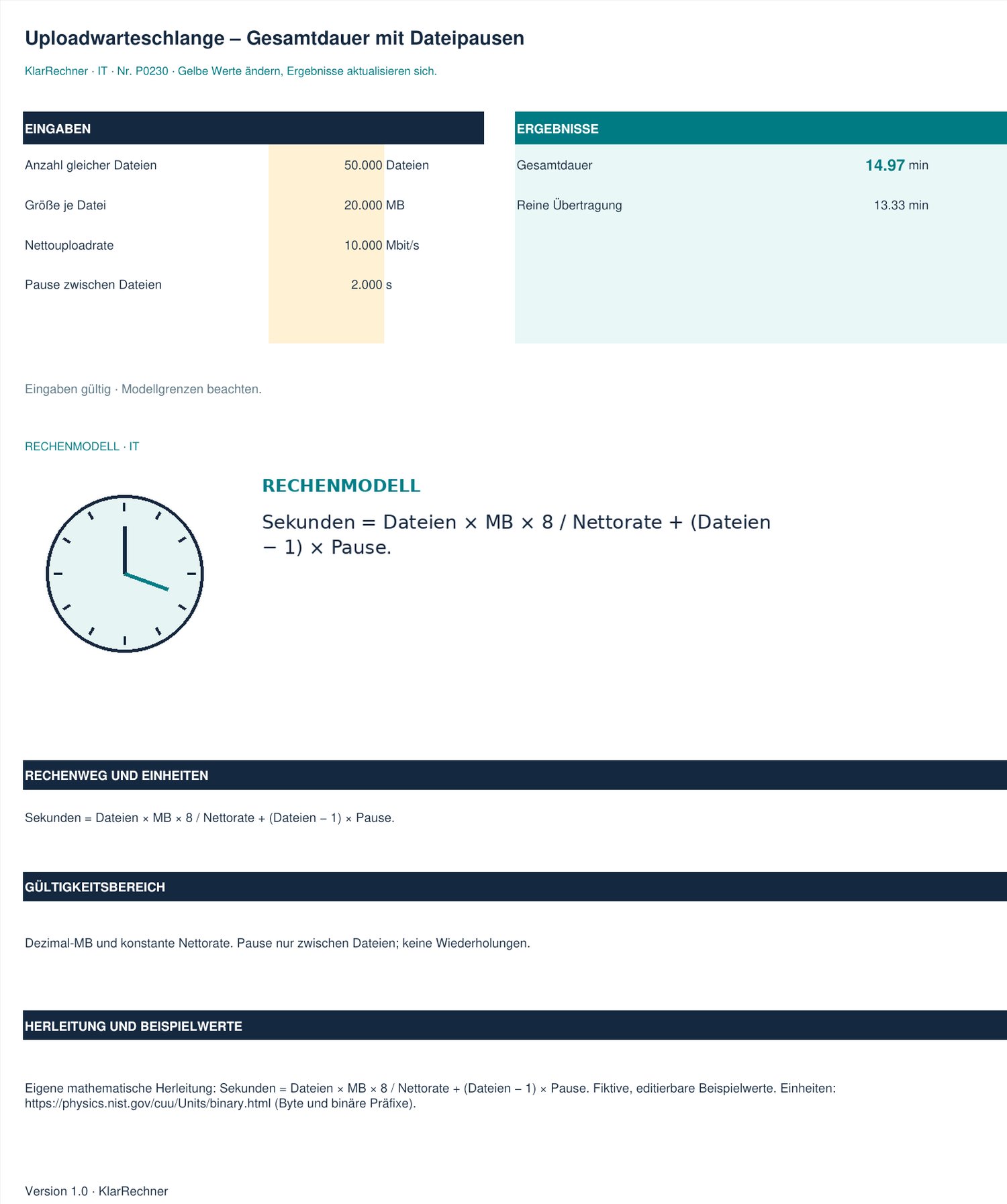 Arbeitsblatt-Vorschau: Uploadwarteschlange – Gesamtdauer mit Dateipausen mit den in der Datei hinterlegten Werten.