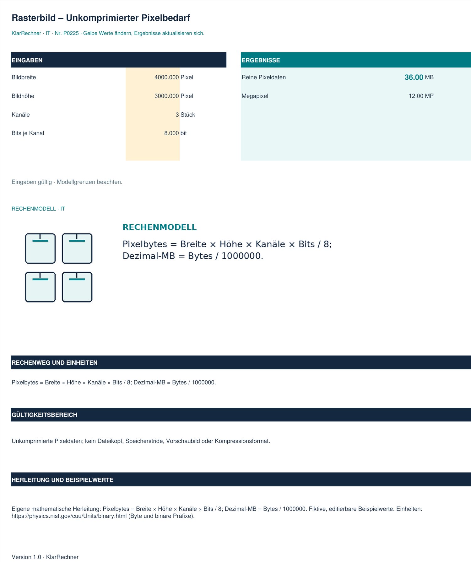 Arbeitsblatt-Vorschau: Rasterbild – Unkomprimierter Pixelbedarf mit den in der Datei hinterlegten Werten.