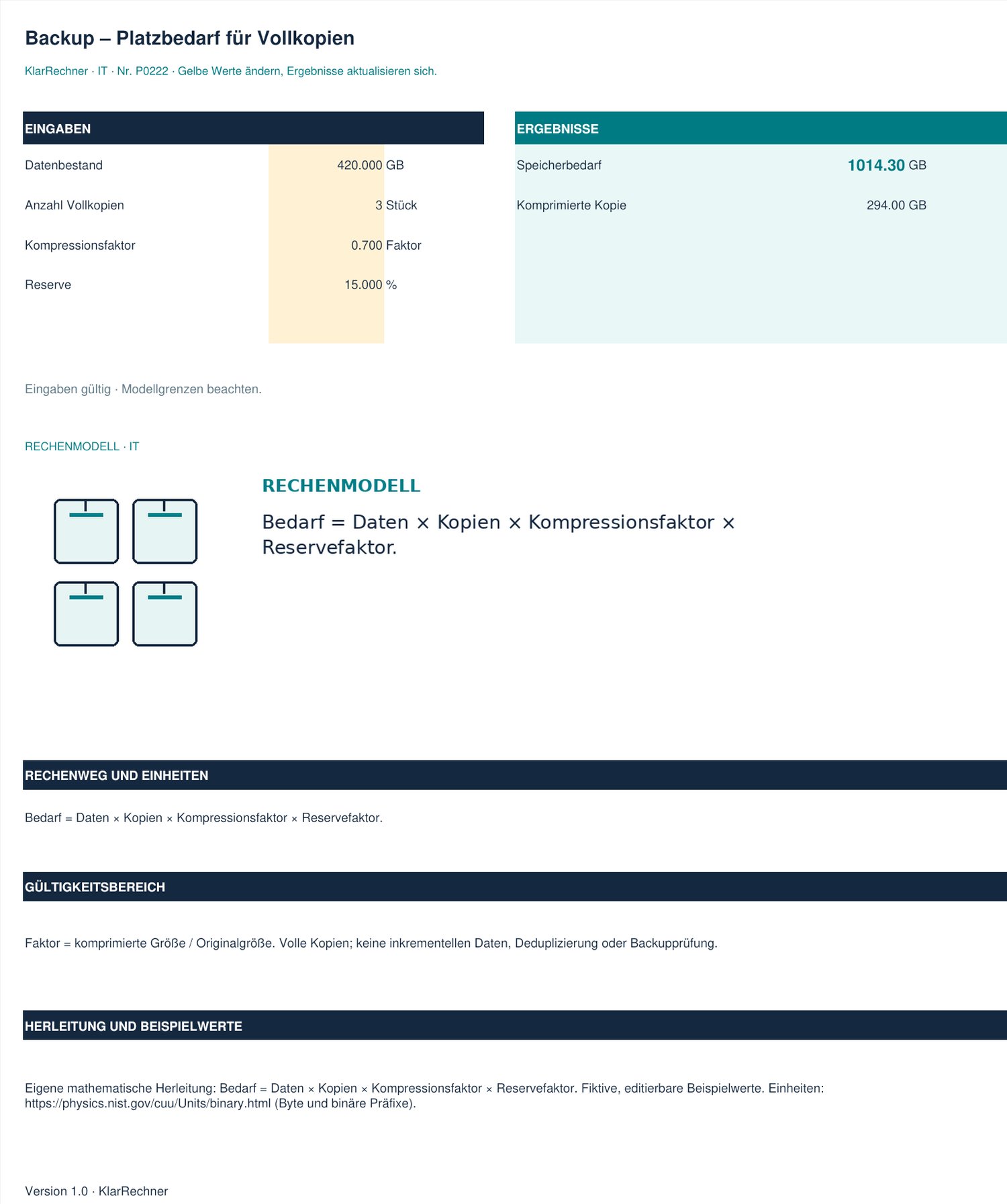 Arbeitsblatt-Vorschau: Backup – Platzbedarf für Vollkopien mit den in der Datei hinterlegten Werten.