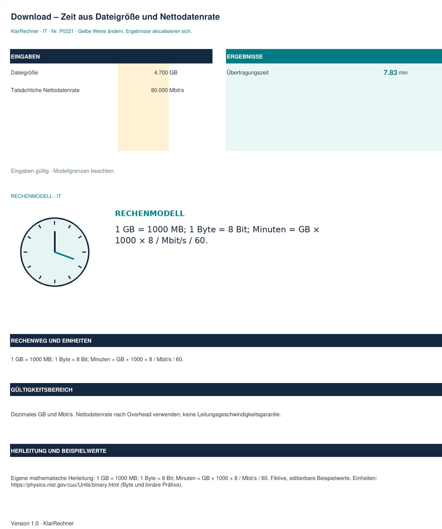Arbeitsblatt-Vorschau: Download – Zeit aus Dateigröße und Nettodatenrate mit den in der Datei hinterlegten Werten.