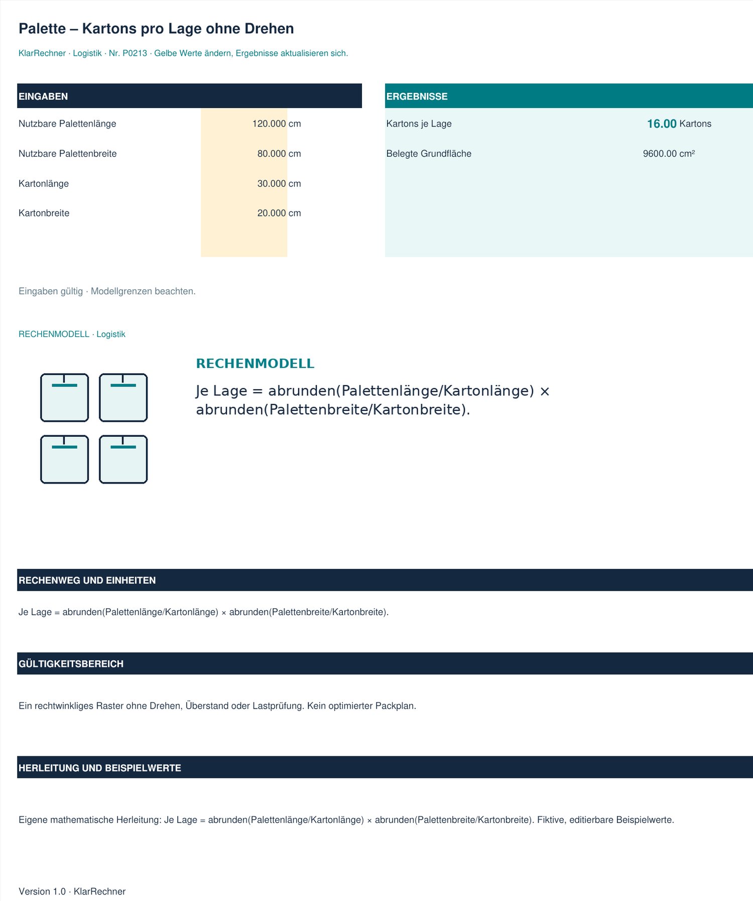 Arbeitsblatt-Vorschau: Palette – Kartons pro Lage ohne Drehen mit den in der Datei hinterlegten Werten.