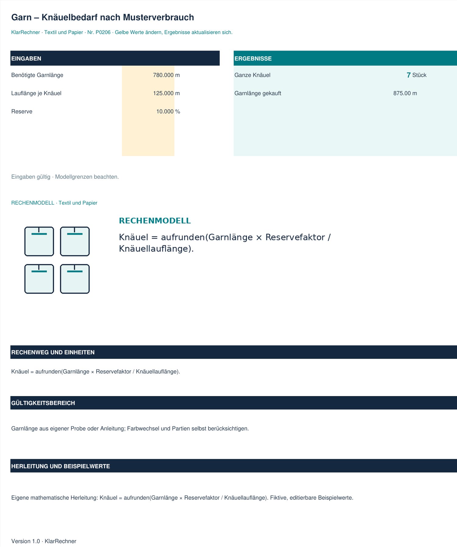 Arbeitsblatt-Vorschau: Garn – Knäuelbedarf nach Musterverbrauch mit den in der Datei hinterlegten Werten.