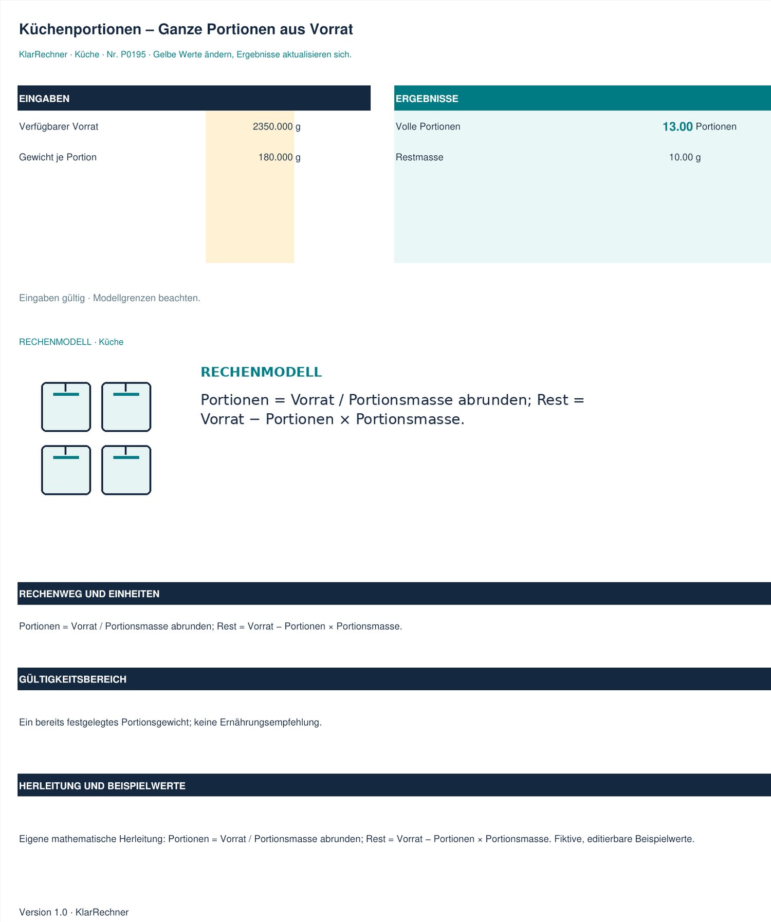 Arbeitsblatt-Vorschau: Küchenportionen – Ganze Portionen aus Vorrat mit den in der Datei hinterlegten Werten.