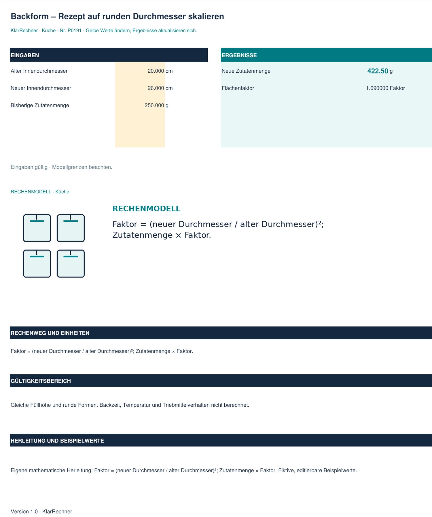 Arbeitsblatt-Vorschau: Backform – Rezept auf runden Durchmesser skalieren mit den in der Datei hinterlegten Werten.