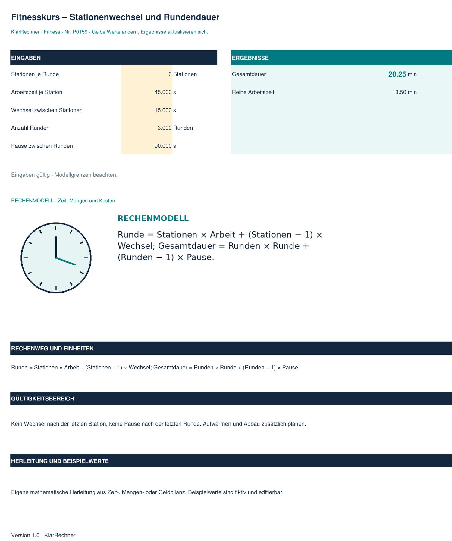 Arbeitsblatt-Vorschau: Fitnesskurs – Stationenwechsel und Rundendauer mit den in der Datei hinterlegten Werten.