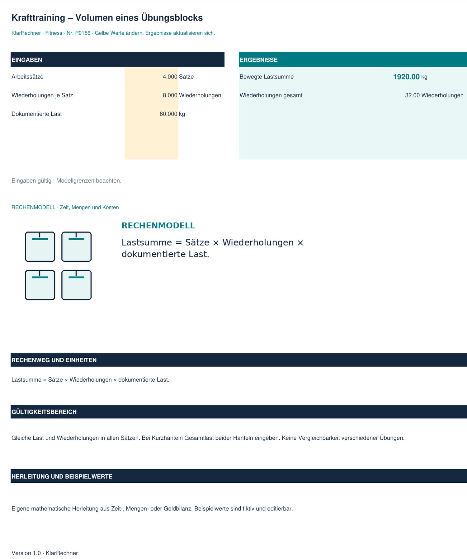 Arbeitsblatt-Vorschau: Krafttraining – Volumen eines Übungsblocks mit den in der Datei hinterlegten Werten.