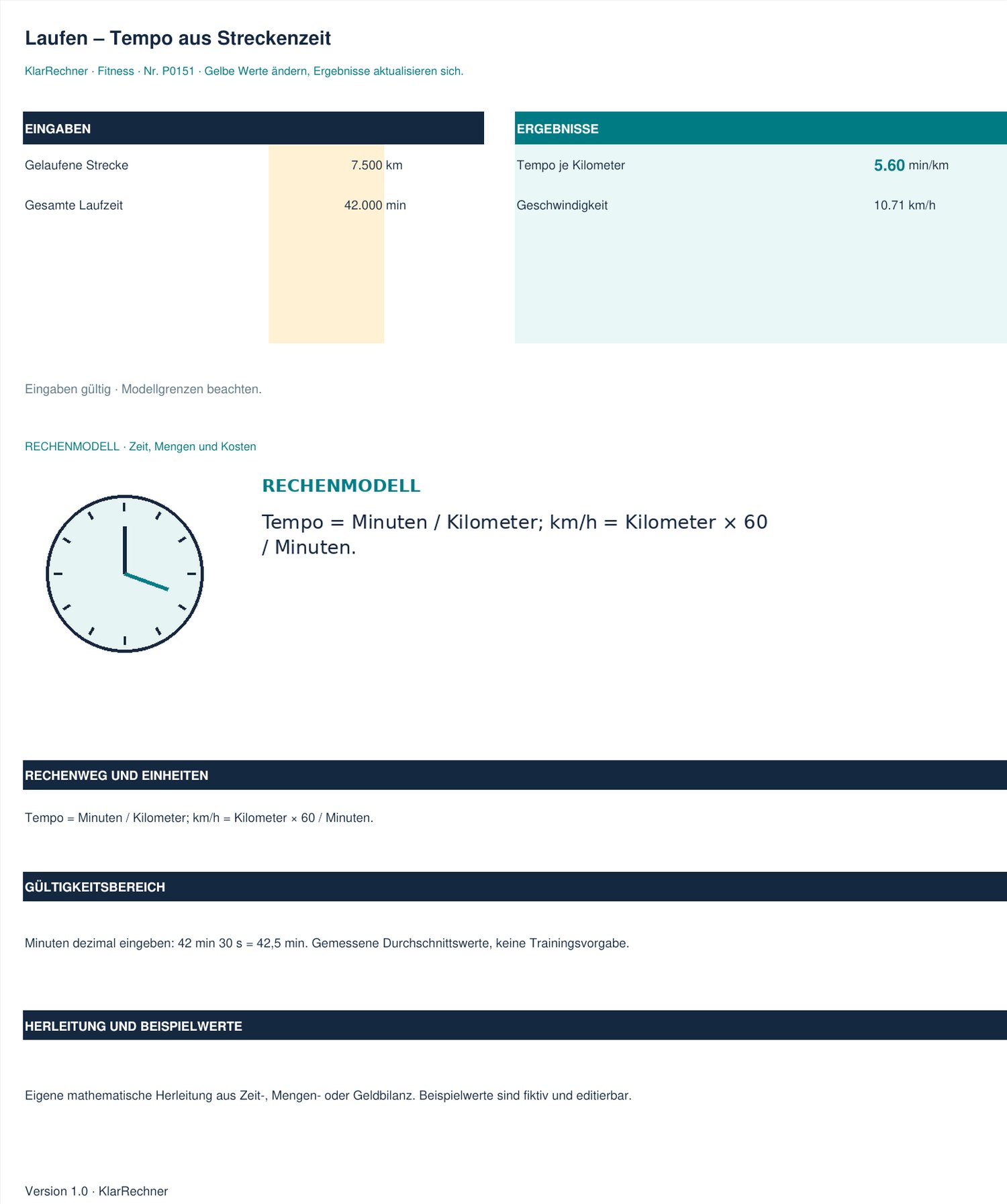 Arbeitsblatt-Vorschau: Laufen – Tempo aus Streckenzeit mit den in der Datei hinterlegten Werten.