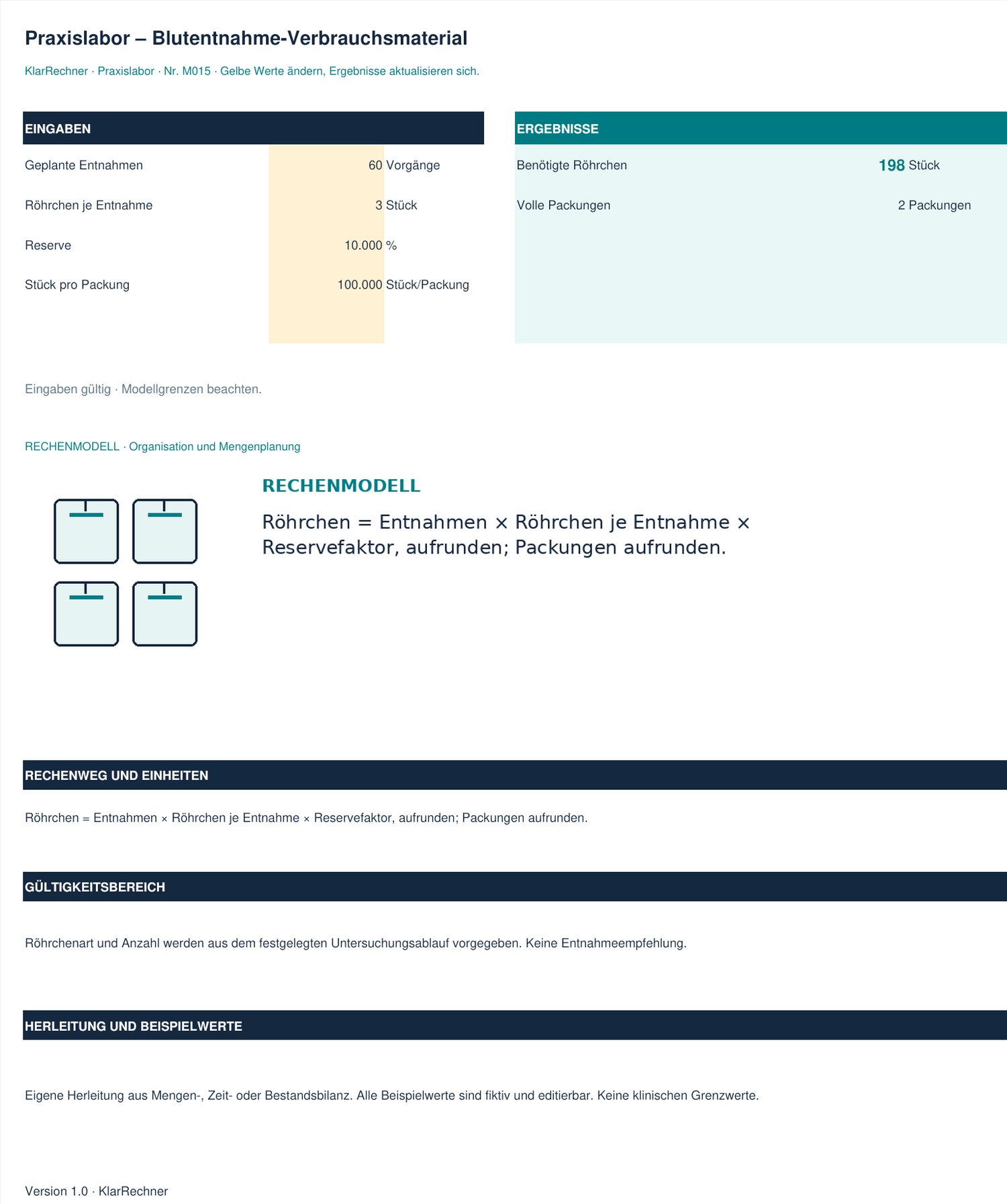Arbeitsblatt-Vorschau: Praxislabor – Blutentnahme-Verbrauchsmaterial mit den in der Datei hinterlegten Werten.