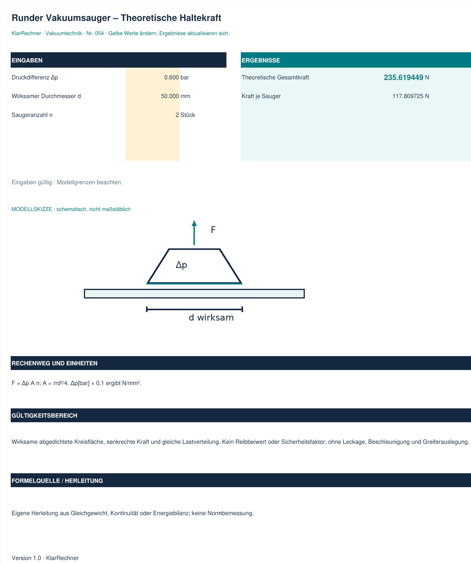 Arbeitsblatt-Vorschau: Runder Vakuumsauger – Theoretische Haltekraft mit den in der Datei hinterlegten Werten.