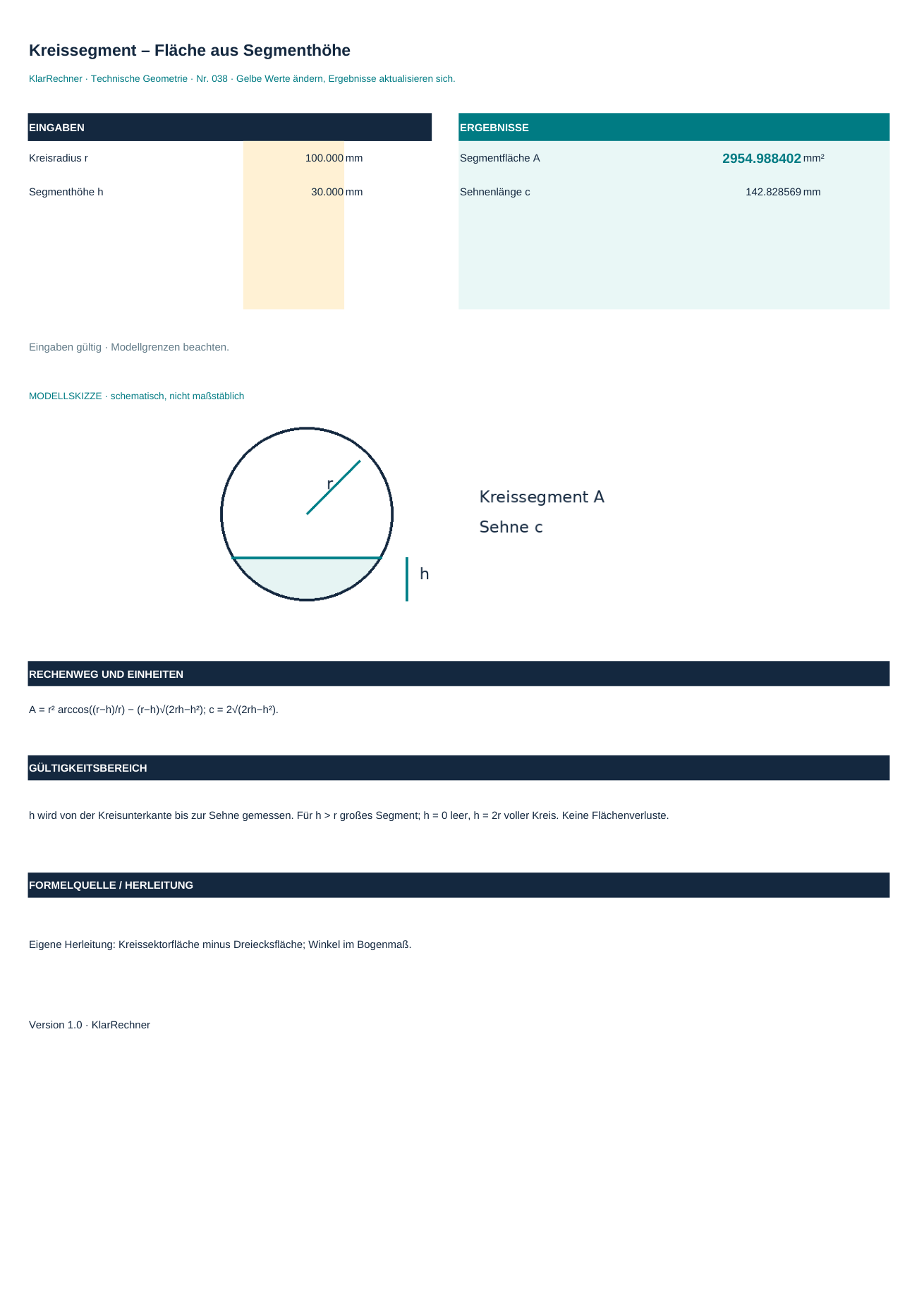 Arbeitsblatt-Vorschau: Kreissegment – Fläche aus Segmenthöhe mit den in der Datei hinterlegten Werten.
