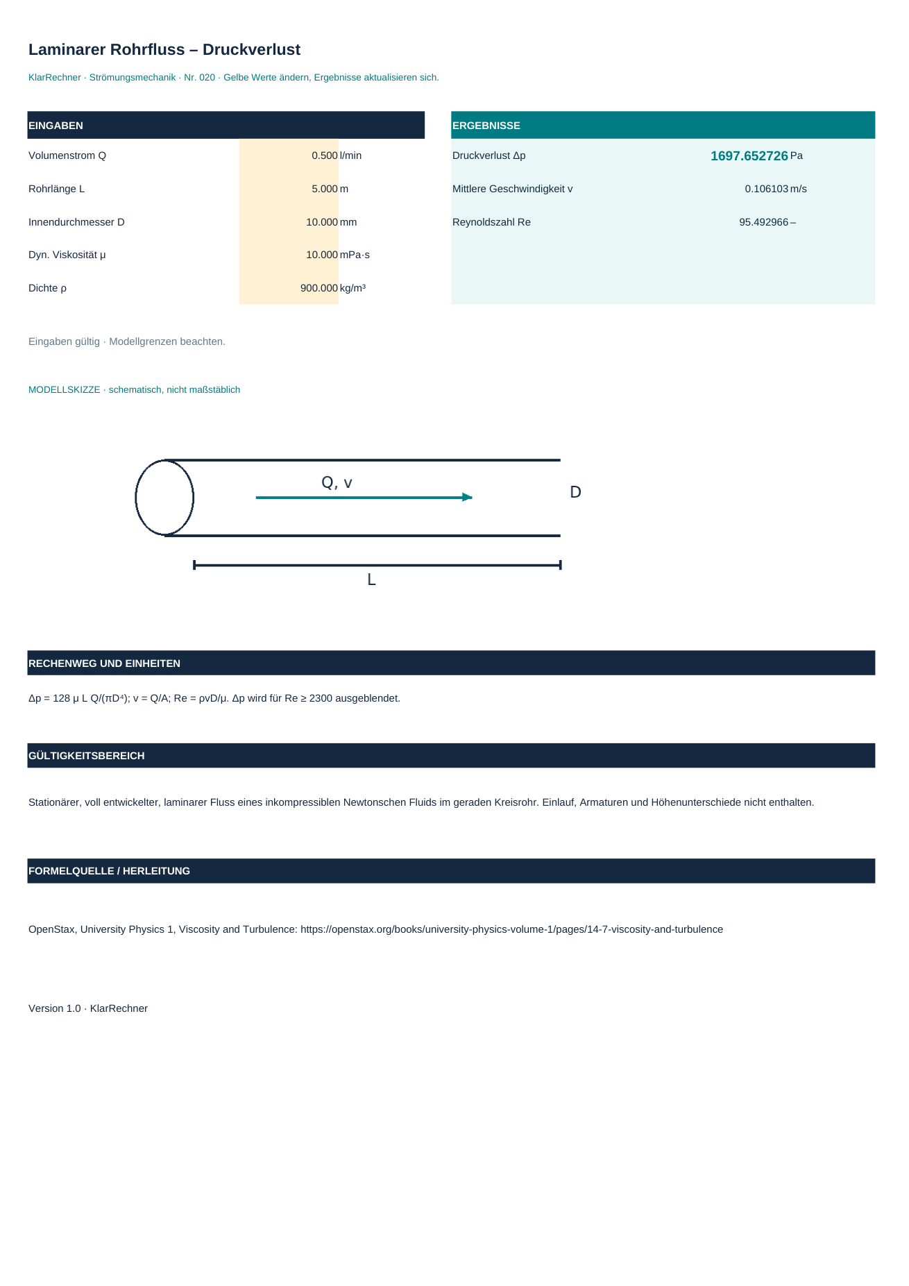 Arbeitsblatt-Vorschau: Laminarer Rohrfluss – Druckverlust mit den in der Datei hinterlegten Werten.