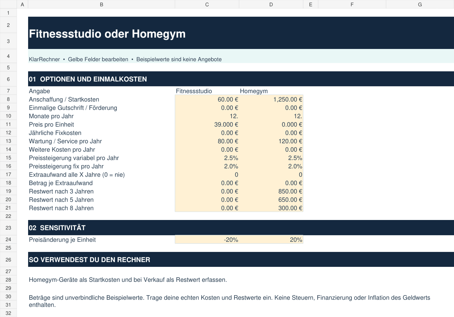 Excel-Eingabeblatt für Fitnessstudio oder Homegym mit beschrifteten Eingaben und hinterlegten hinterlegte Werten für beide Optionen.