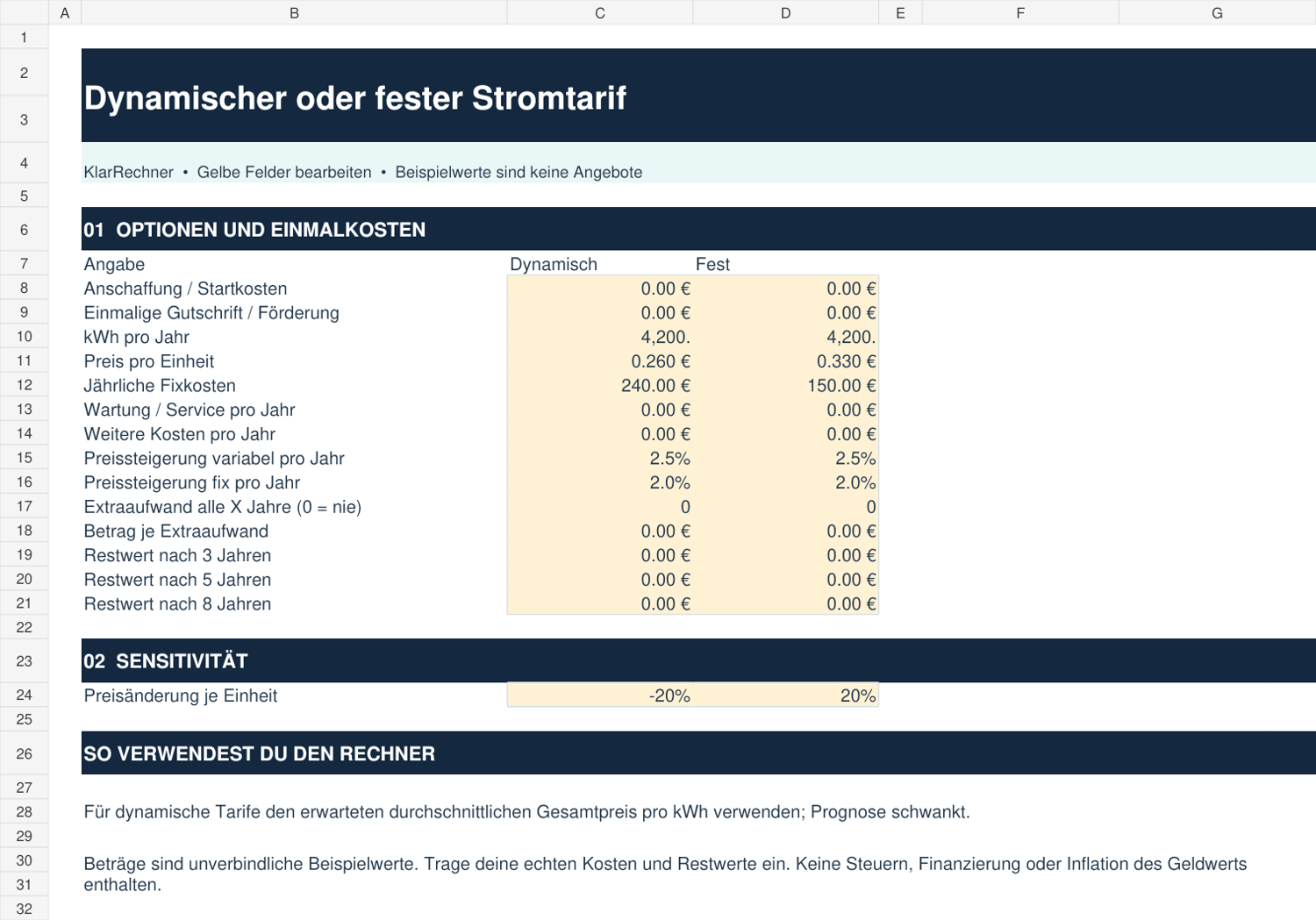 Excel-Eingabeblatt für Dynamischer oder fester Stromtarif mit beschrifteten Eingaben und hinterlegten hinterlegte Werten für beide Optionen.