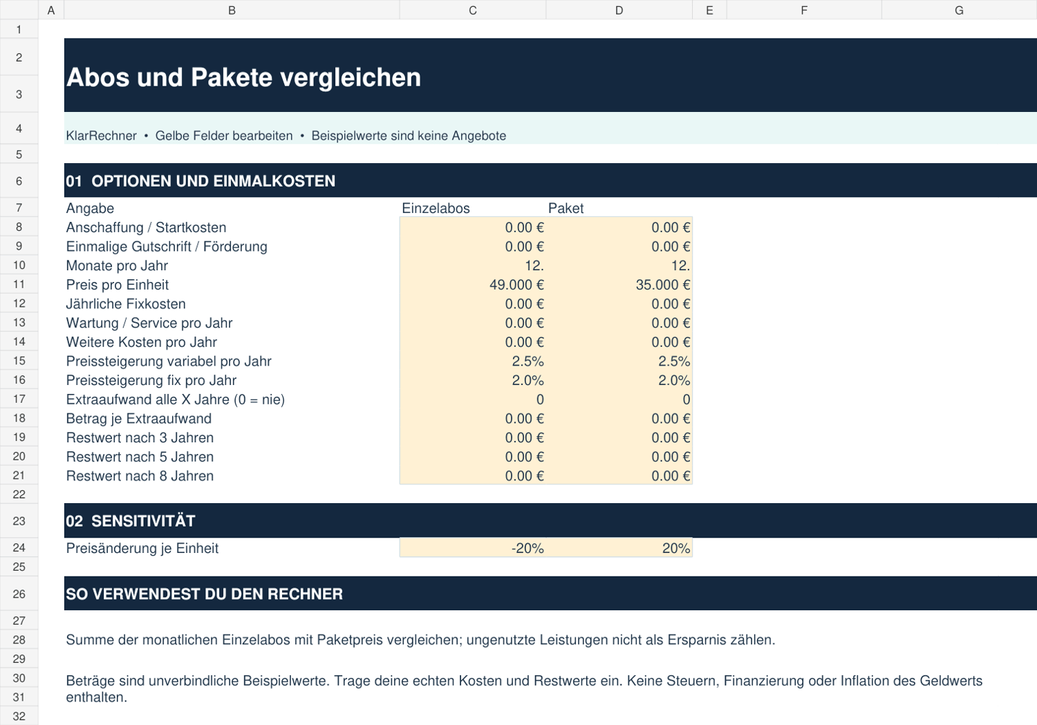 Excel-Eingabeblatt für Abos und Pakete vergleichen mit beschrifteten Eingaben und hinterlegten hinterlegte Werten für beide Optionen.