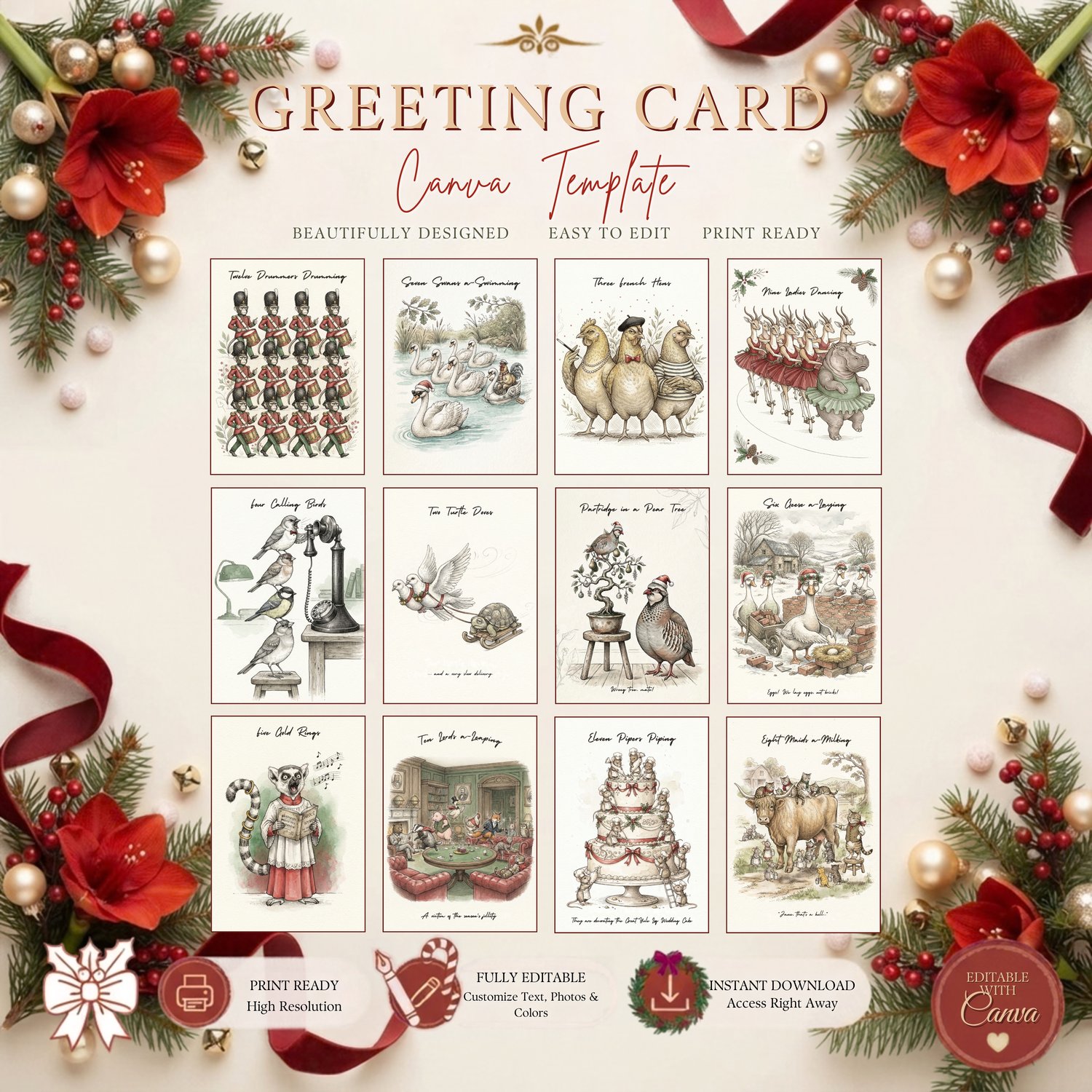 12 Days of Christmas funny printable greeting  cards, holiday greeting card, funny Christmas cards, holiday cheer, printable card