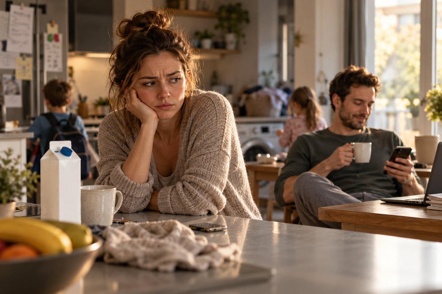 A tired woman standing in a busy family kitchen while her husband relaxes with coffee and his phone, reflecting resentment and emotional distance in marriage.