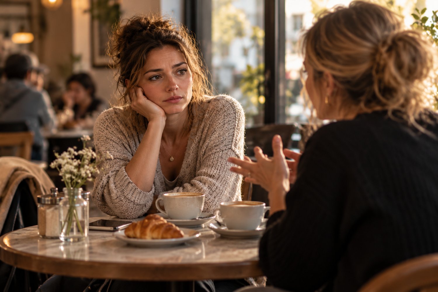 A woman feeling emotionally distant while having coffee with a friend, reflecting the experience of feeling disconnected from people you love.