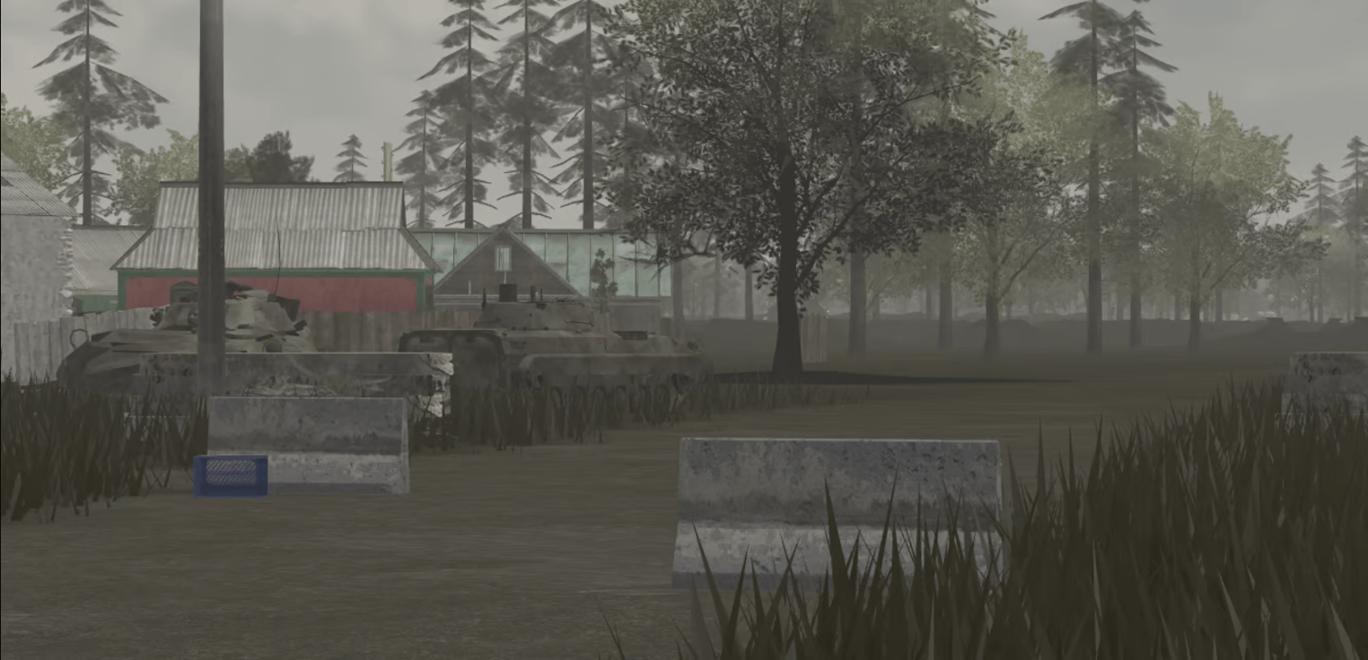 Armored vehicle among city buildings