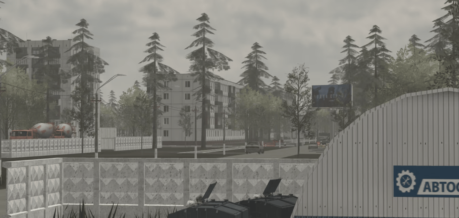 Foggy post-Soviet city environment