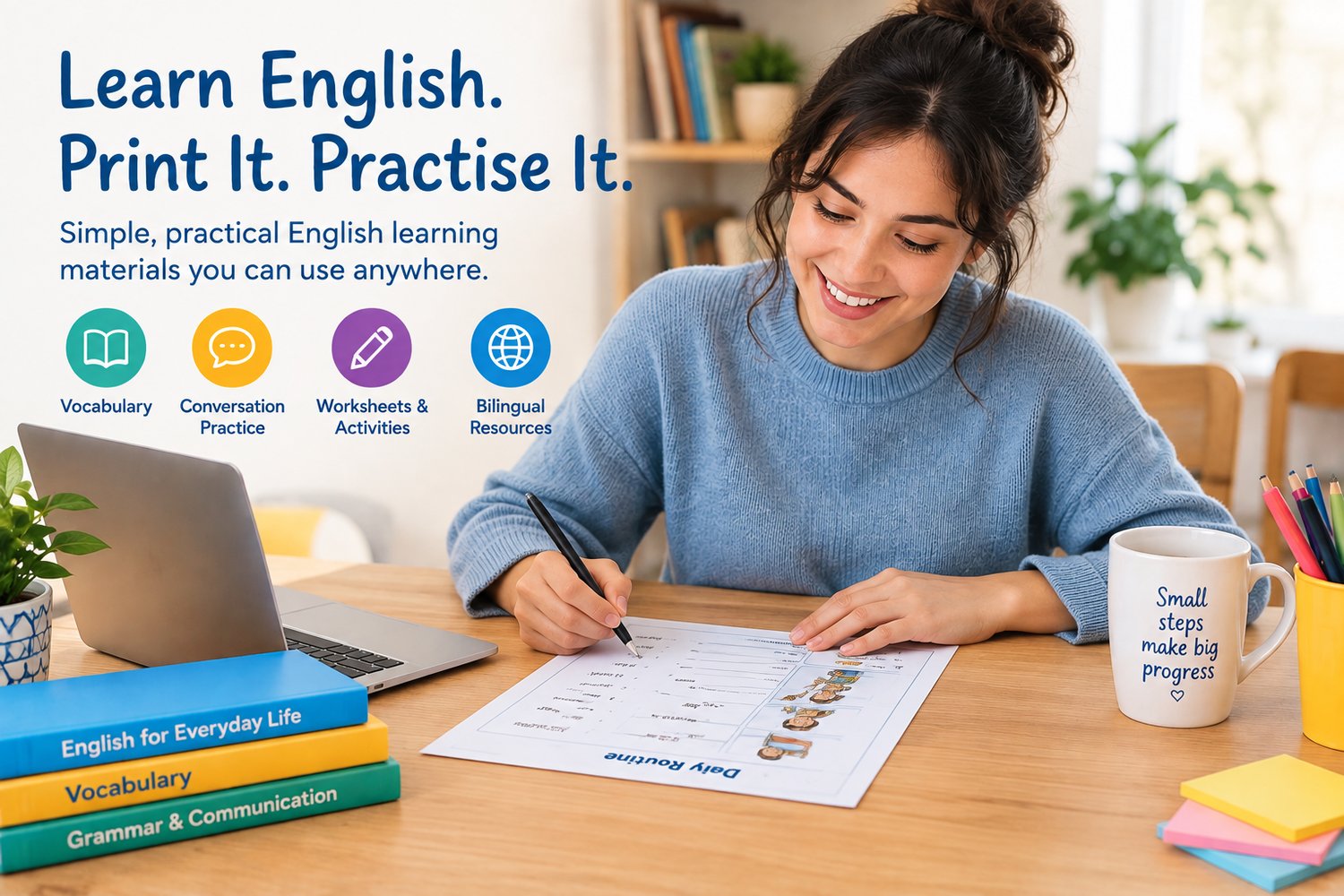 Learn English. Print It. Practise it. A smiling student completing an English worksheet.