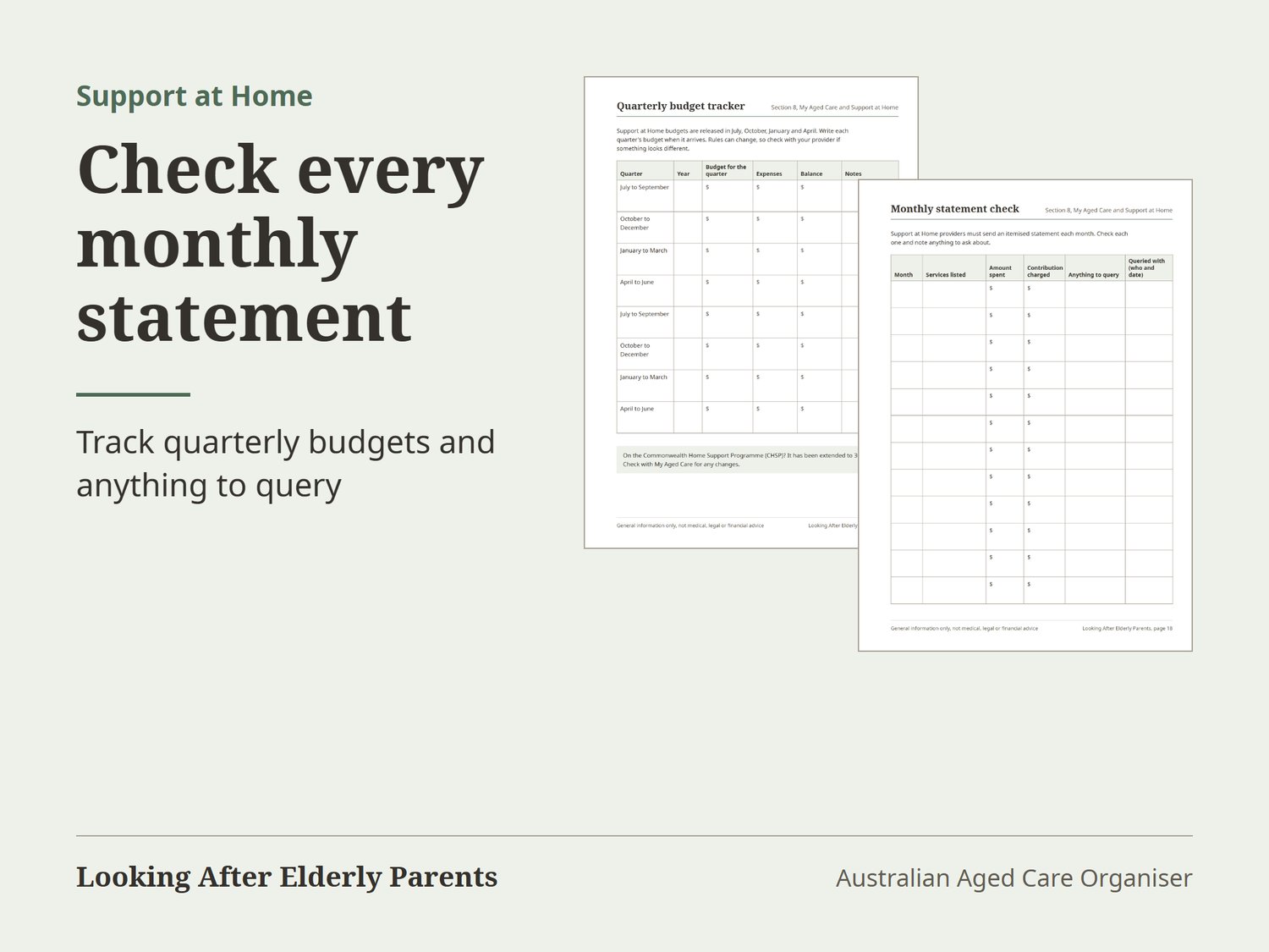 Support at Home quarterly budget tracker and monthly statement check pages