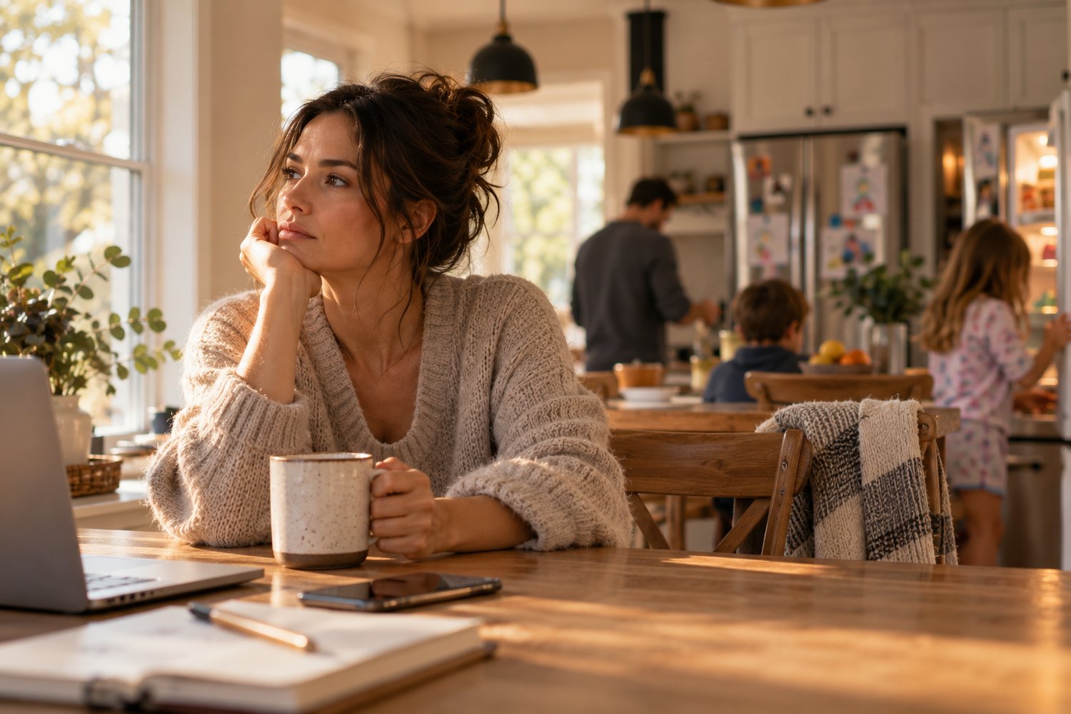 A thoughtful woman sitting with coffee in her family kitchen, wondering why she feels unhappy even though her life seems good.