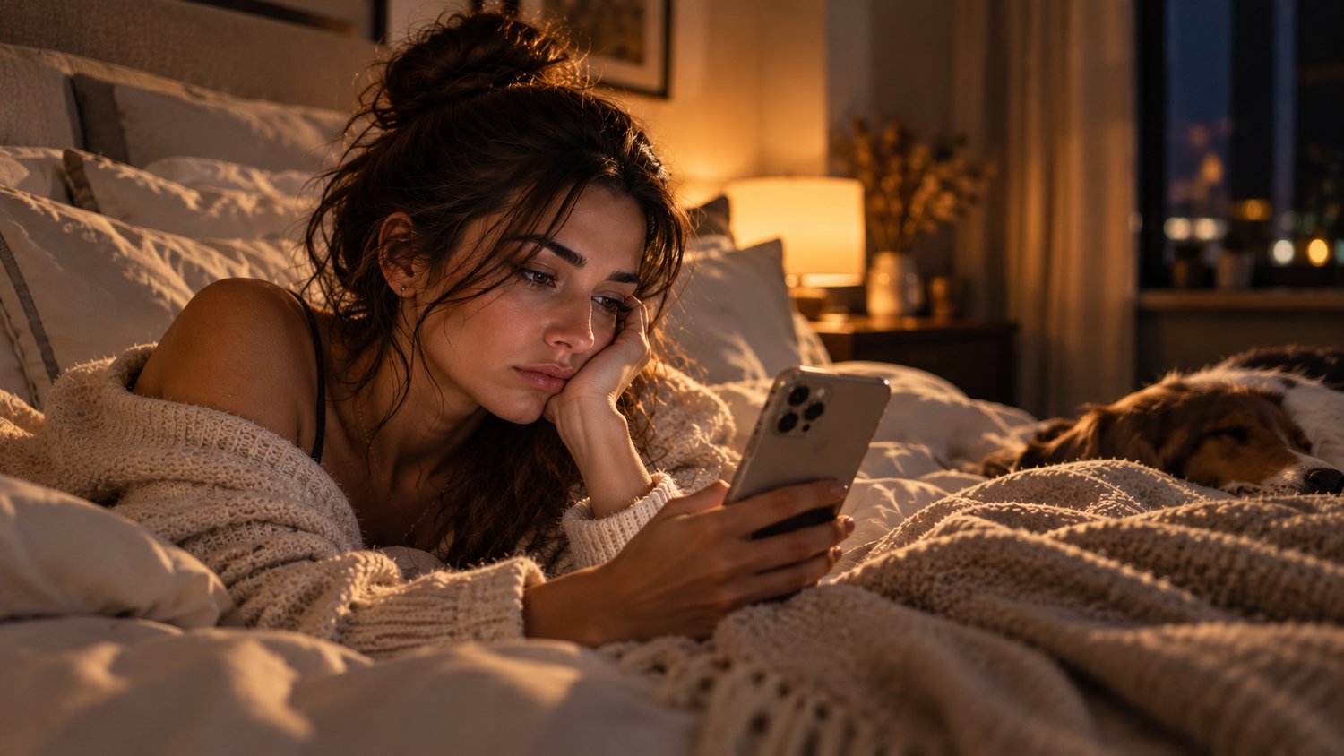 A woman lying in bed at night looking at her phone and feeling left out after seeing friends together without her.