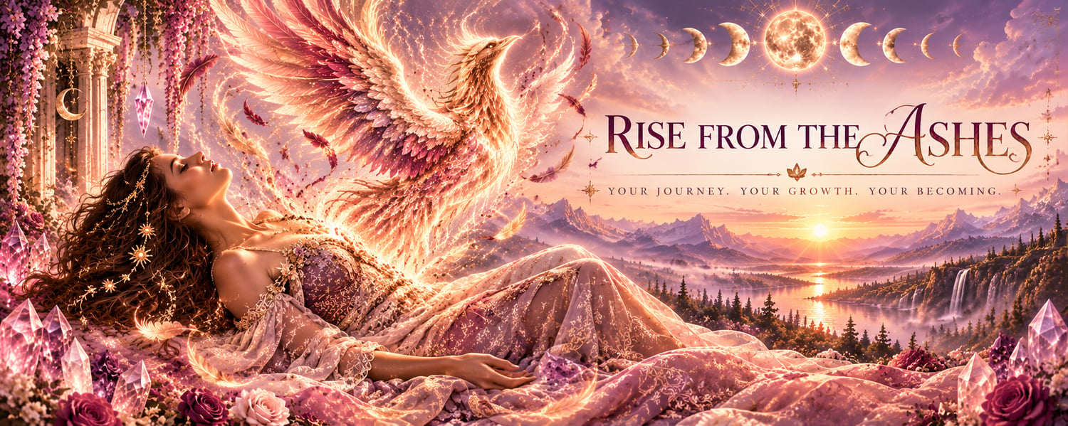 A cinematic Rise From the Ashes banner featuring a woman surrounded by roses, crystals, celestial moon phases, and a radiant phoenix emerging from her heart, symbolizing personal transformation, healing, growth, renewal, and becoming.