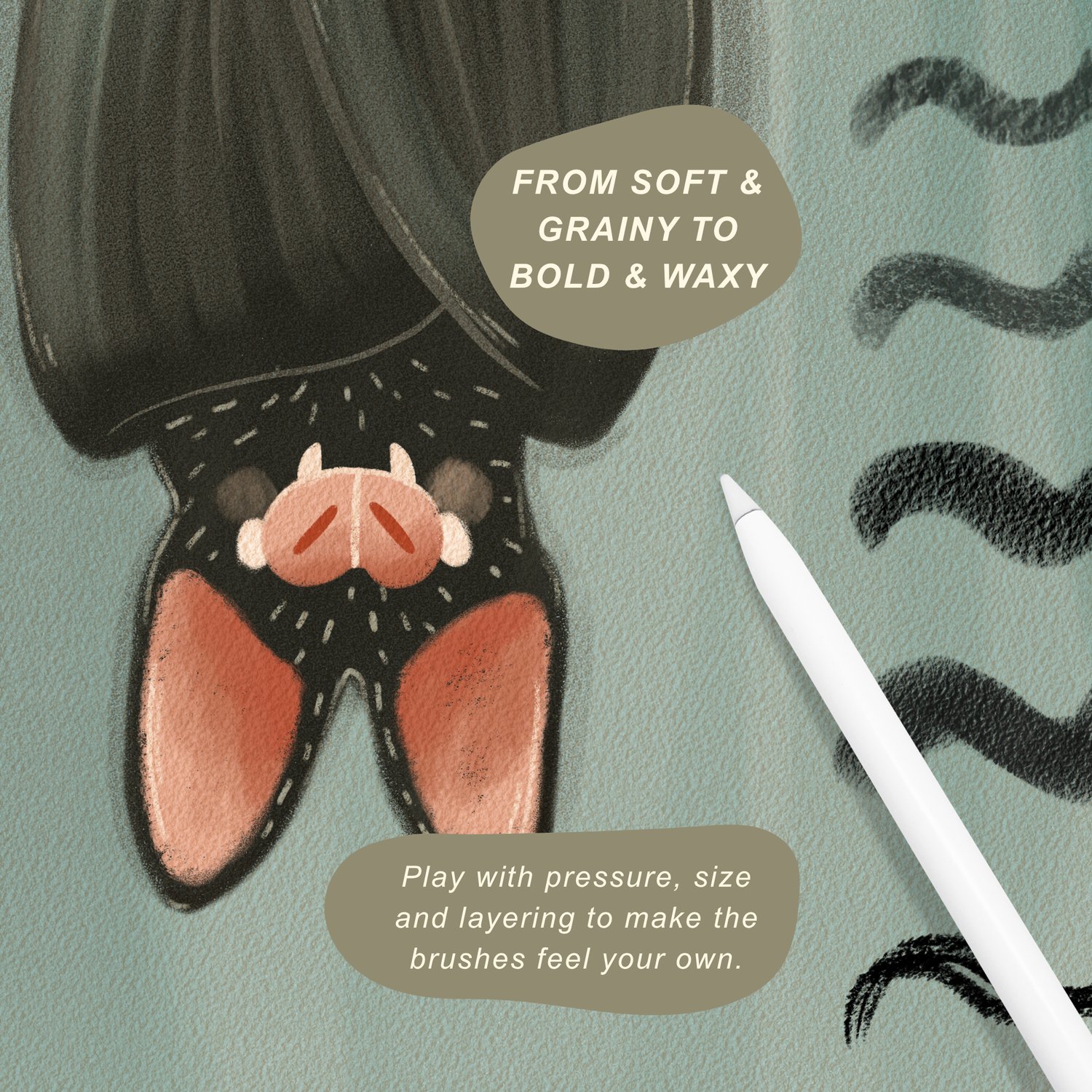Cute storybook bat illustration with showing procreate crayon brush strokes