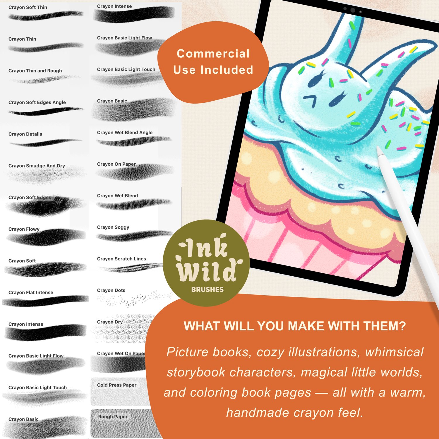 CrayonMagic Procreate brush set with 24 brushes, three color palettes, three paper textures and PDF quick help