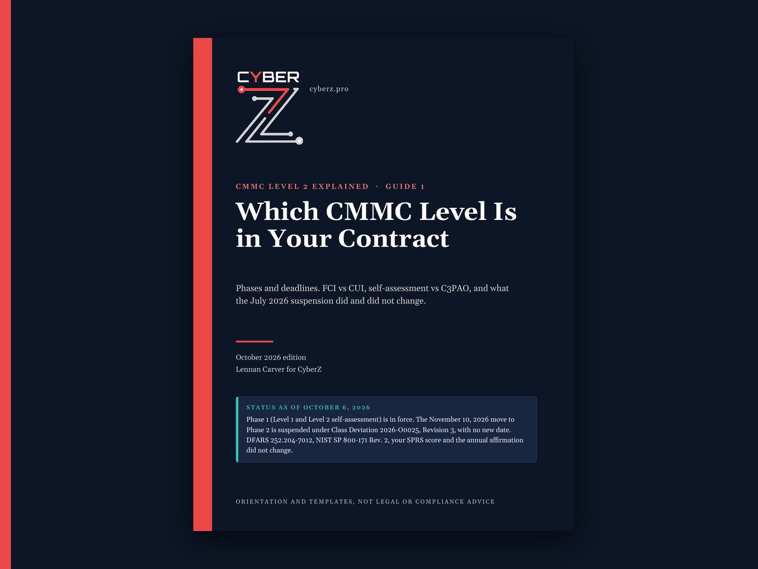 Cover of Which CMMC Level Is in Your Contract, a CyberZ guide, October 2026 edition.