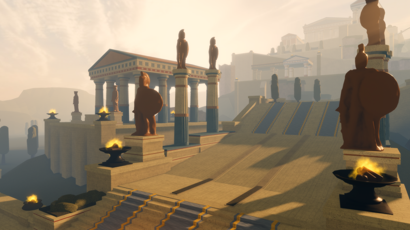 Monumental statues across Greek plaza