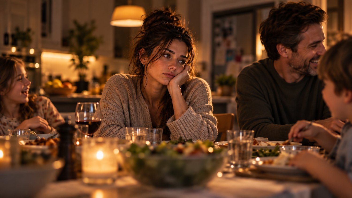 A woman sitting quietly at the dinner table while her family talks and laughs around her, reflecting the feeling of being unhappy even when life looks good.