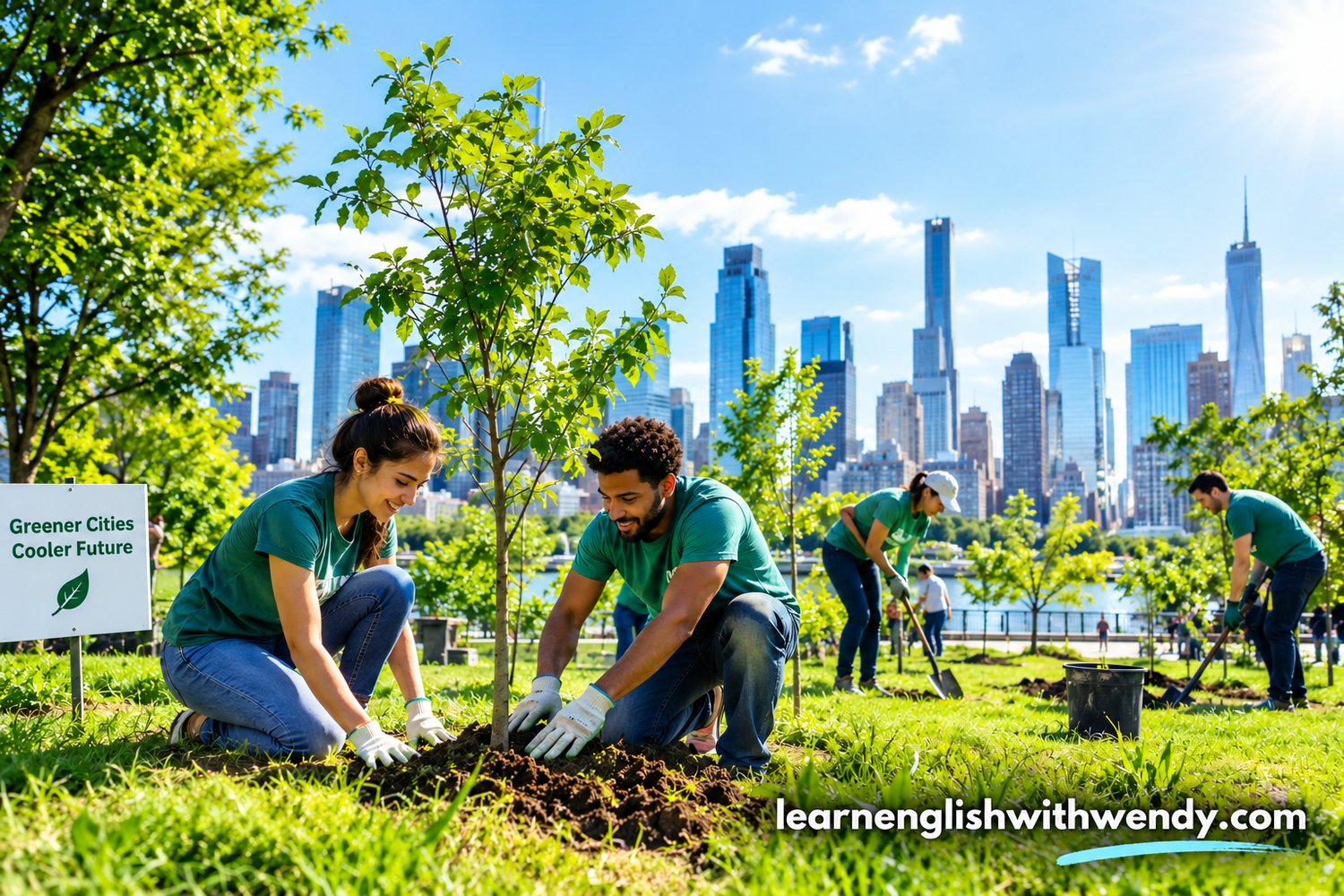 Four people, two males and two females, planting plants