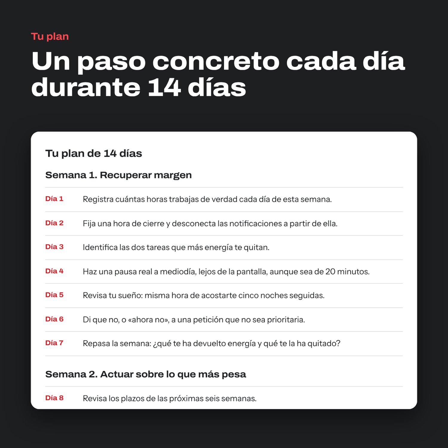 Plan de acción de 14 días: una tarea concreta por día, con la semana 1 «Recuperar margen» y la semana 2 «Actuar sobre lo que más pesa»