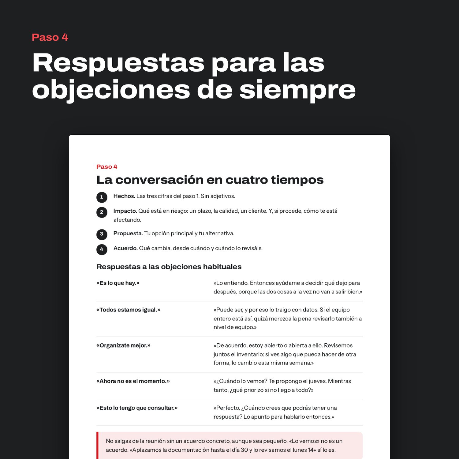 Página de la guía con «Respuestas para las objeciones de siempre» y el esquema «La conversación en cuatro tiempos»