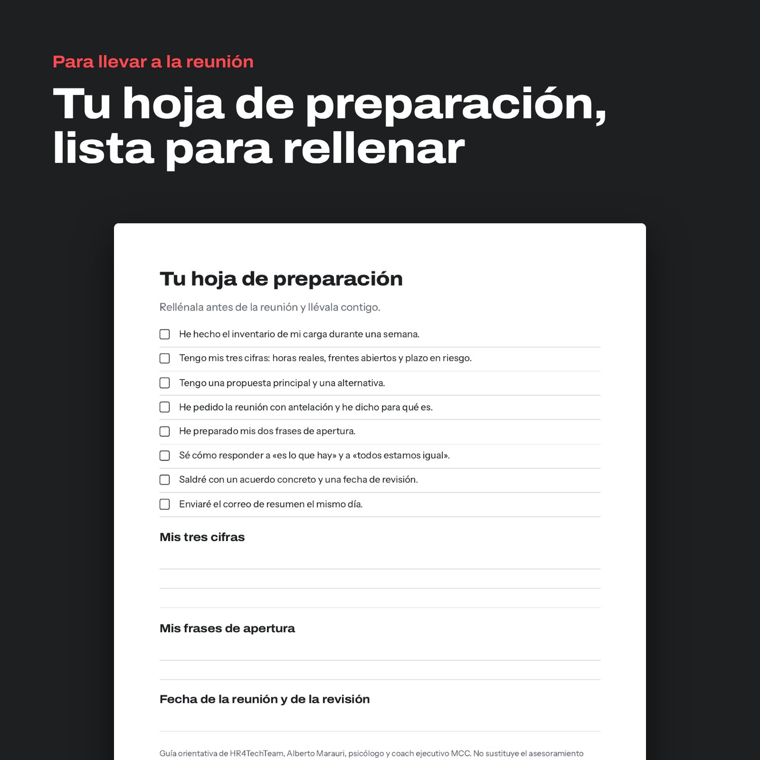 Hoja de preparación lista para rellenar: lista de comprobación y campos para tus tres cifras, frases de apertura y fechas