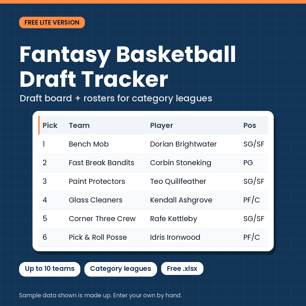 Cover of the free Fantasy Basketball Draft Tracker spreadsheet showing a draft board with made-up sample picks.