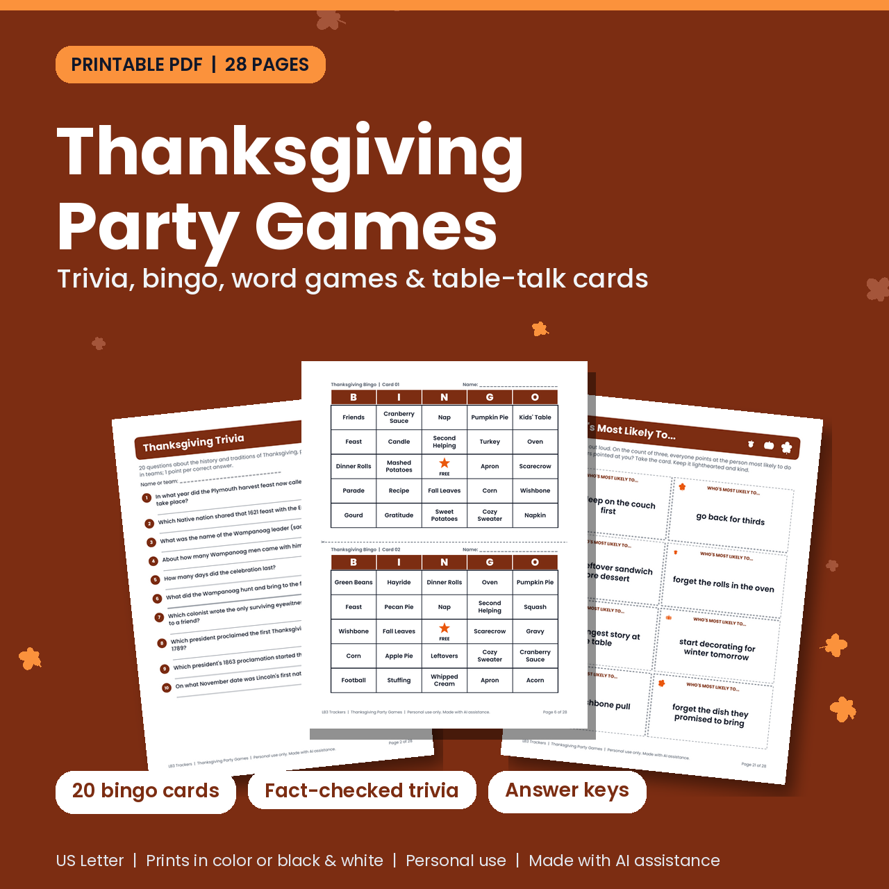 Thanksgiving Party Games: Printable Trivia, Bingo & Table Games (PDF) cover image