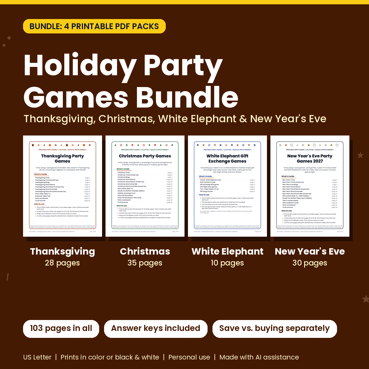 Holiday Party Games Bundle: Thanksgiving, Christmas, White Elephant & New Year's Eve (4 PDFs) cover image
