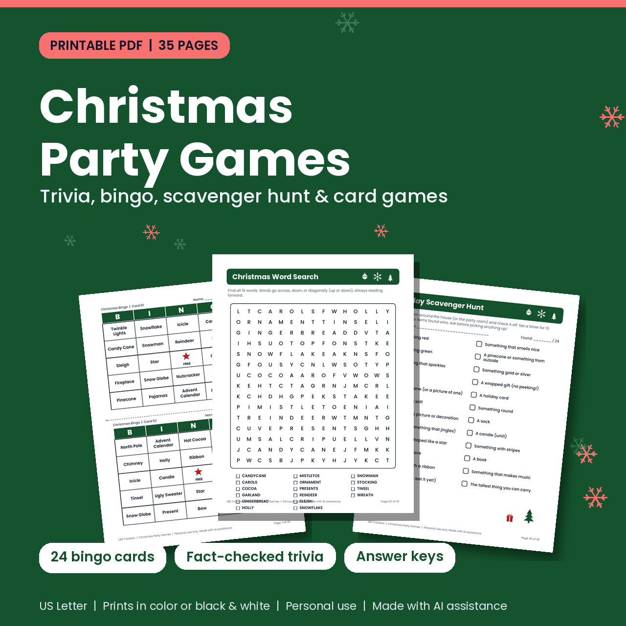 Christmas Party Games: Printable Trivia, Bingo, Scavenger Hunt & More (PDF) cover image
