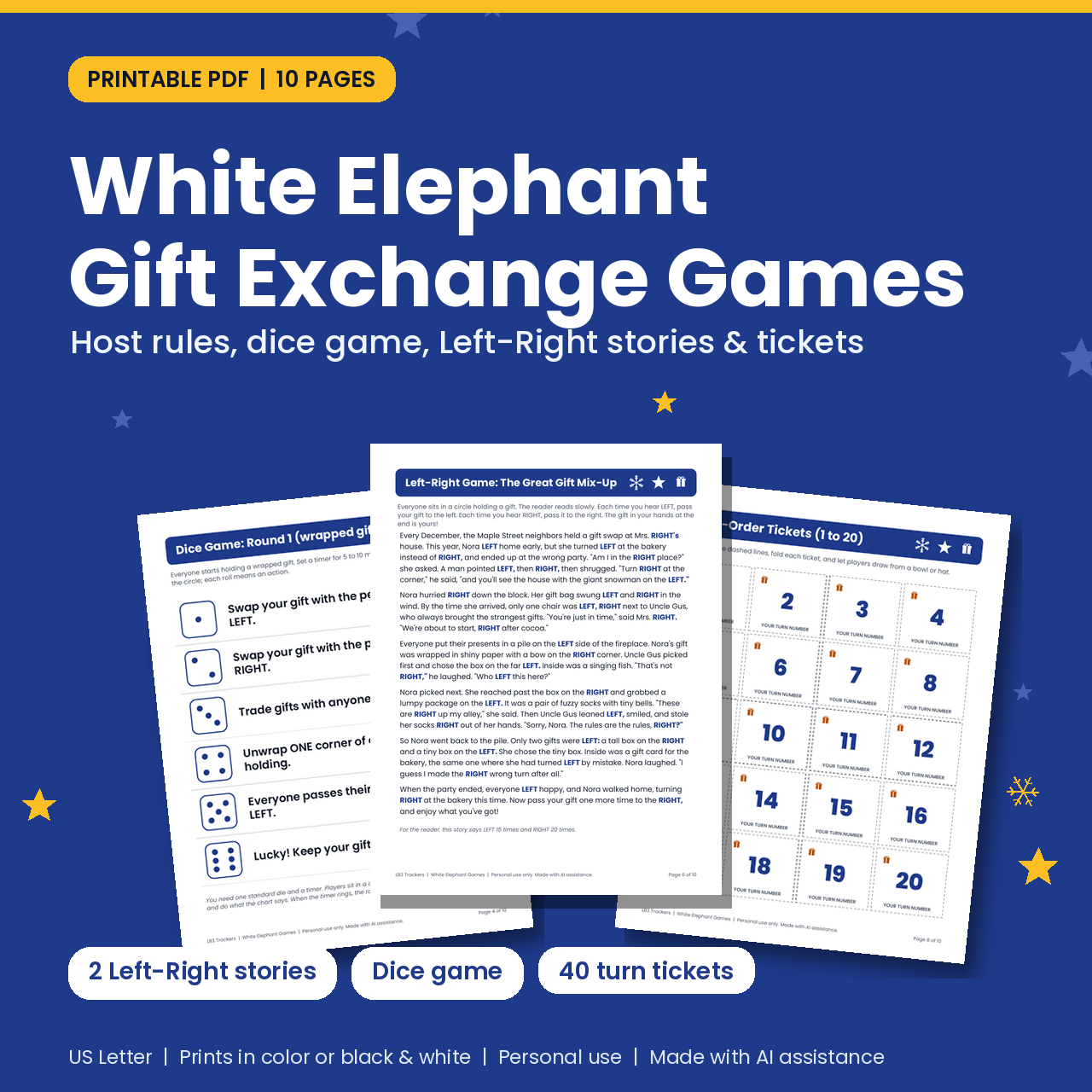 White Elephant Gift Exchange Games: Printable Rules, Dice Game & Left-Right Stories (PDF) cover image