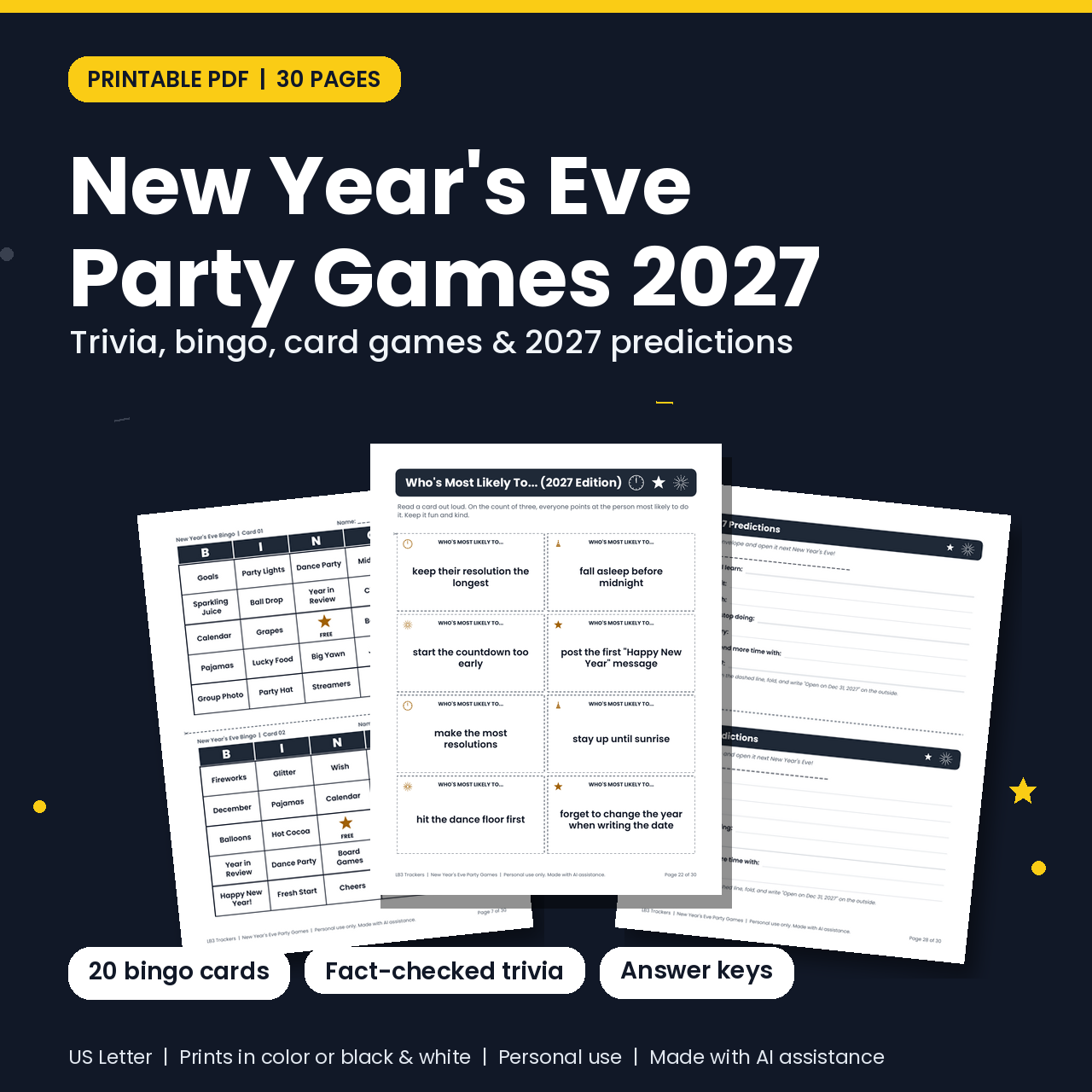 New Year's Eve Party Games 2027: Printable Trivia, Bingo & Predictions (PDF) cover image