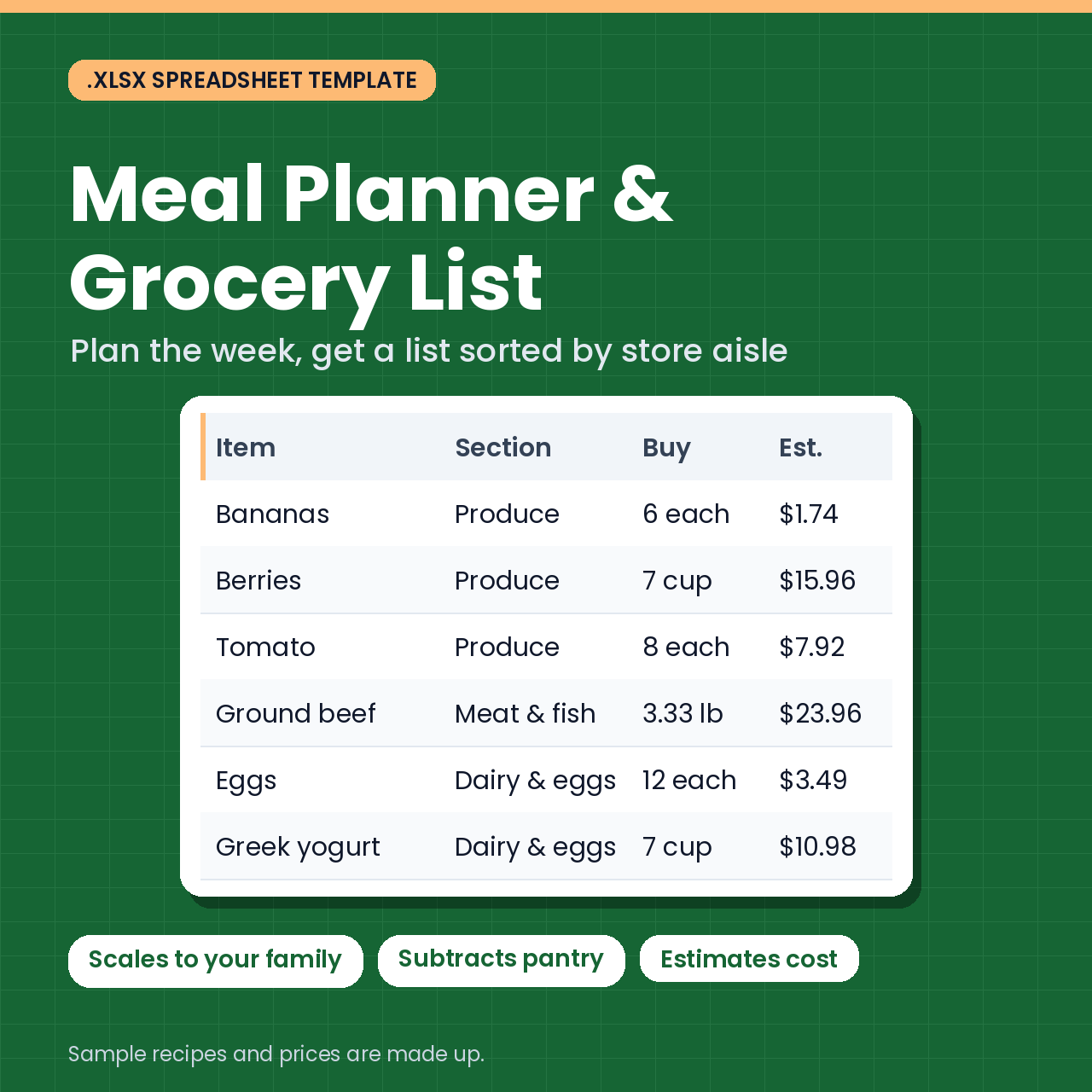 Meal Planner & Grocery List: Weekly Plan, Auto Shopping List by Aisle (.xlsx) cover image