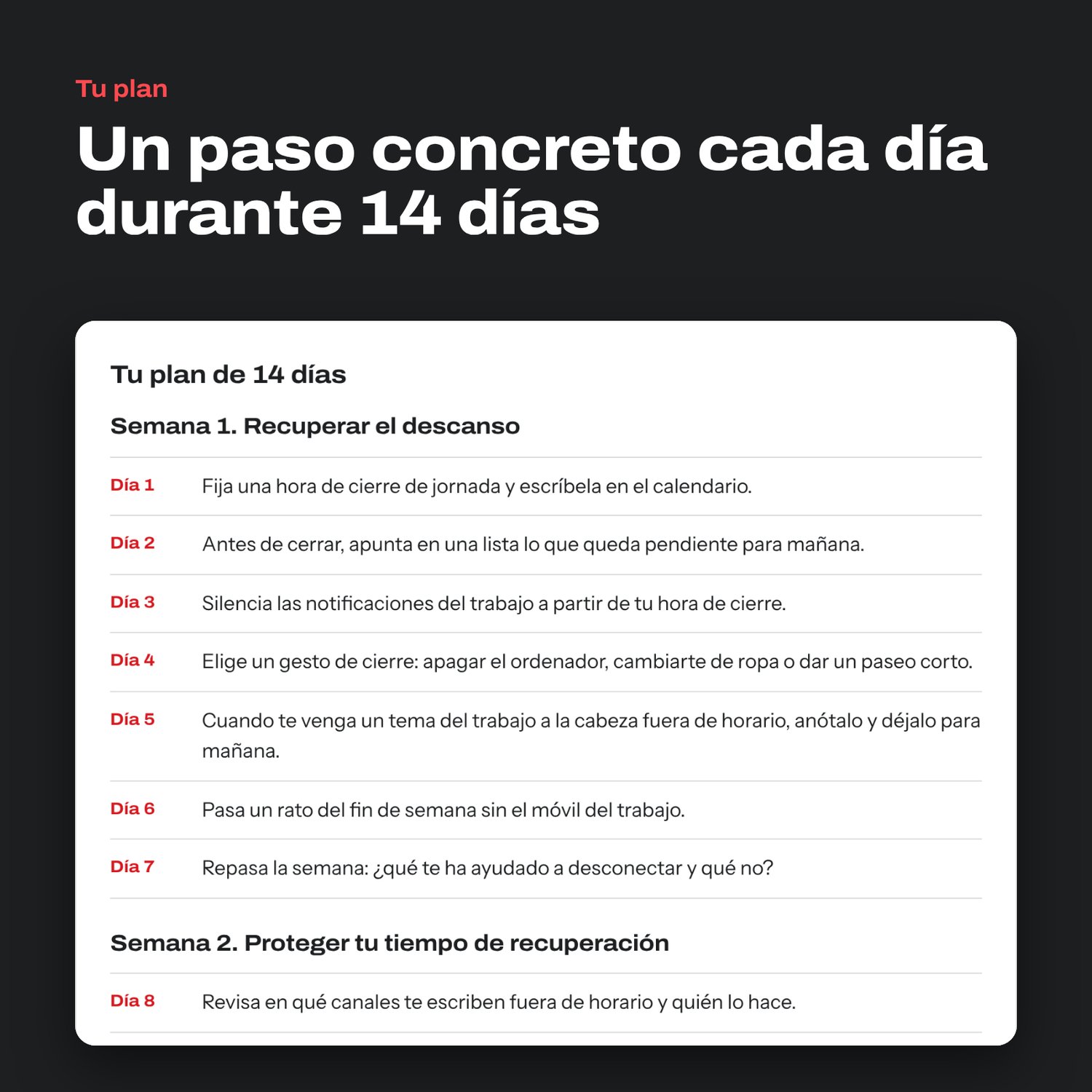 Plan de 14 días con un paso concreto cada día para recuperar el descanso