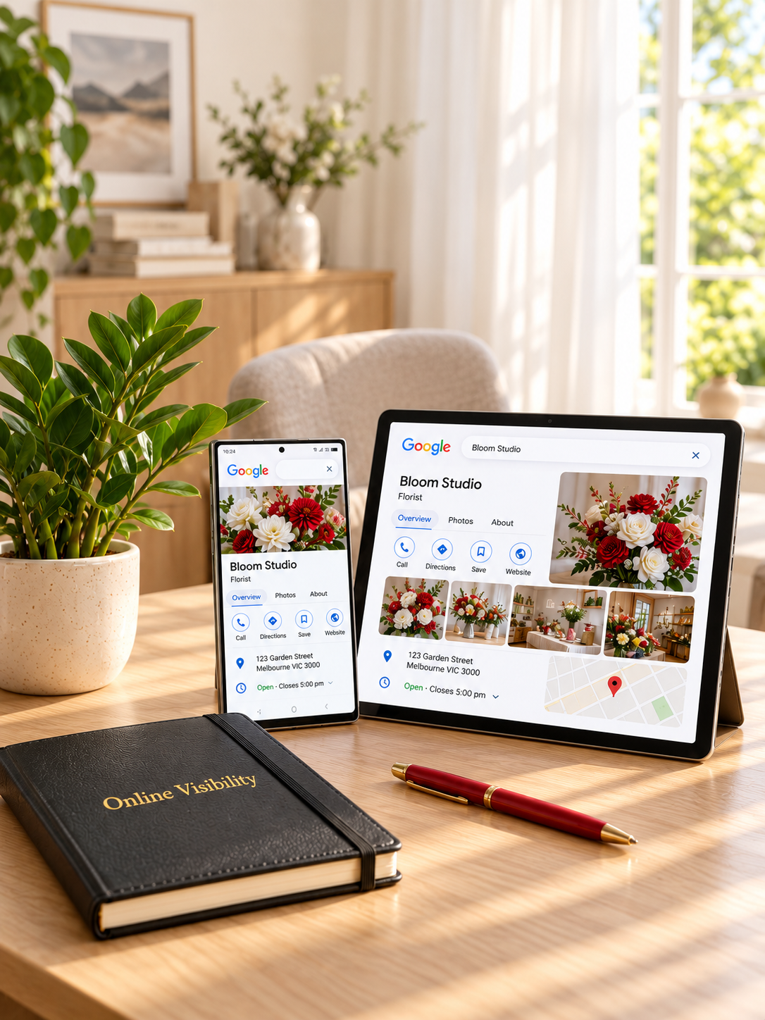Samsung phone and tablet displaying sample Google Business Profiles on a timber desk beside a Zanzibar gem plant, red pen and black notepad embossed “Online Visibility” in gold.