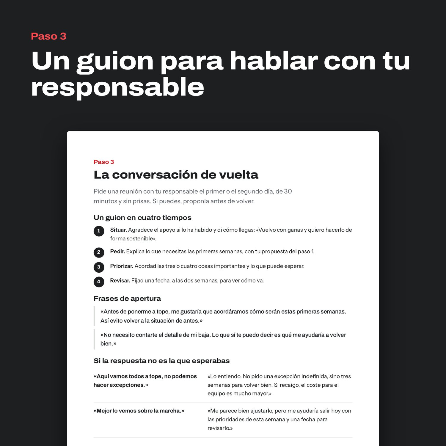 Página de la guía con el guion en cuatro tiempos para la conversación de vuelta con tu responsable